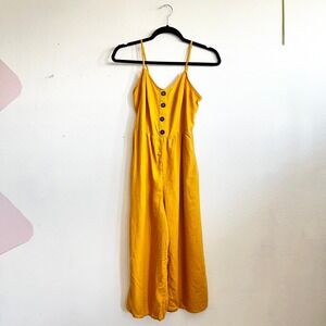 Mustard Yellow Linen Jumpsuit Vintage Inspired Boho Minimalist‎ Wide Leg Small